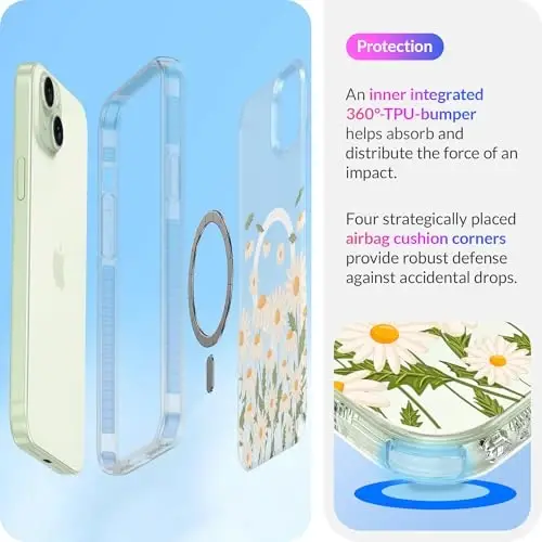 LONLI Hue - for iPhone 15 Case [Compatible with Magsafe] - Daisy Garden Phone Case - [360° Shock-Absorbent Bumper] - Cute, Unique and Aesthetic Phone Cover for Girls and Women - 4