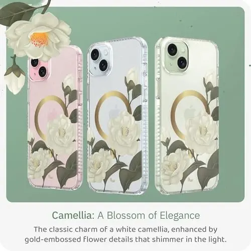 LONLI Hue - for iPhone 15 Case [Compatible with Magsafe] - Camellia Phone Case - [360° Shock-Absorbent Bumper] - Cute, Unique and Aesthetic Phone Cover for Girls and Women - 2