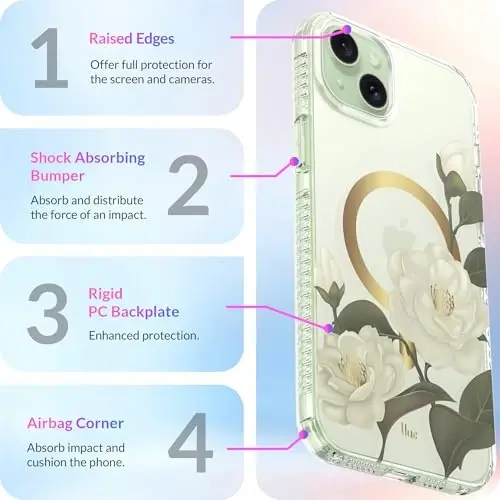 LONLI Hue - for iPhone 15 Case [Compatible with Magsafe] - Camellia Phone Case - [360° Shock-Absorbent Bumper] - Cute, Unique and Aesthetic Phone Cover for Girls and Women - 6
