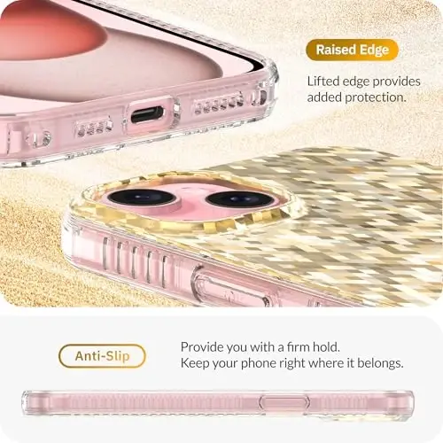 LONLI Hue - iPhone 15 Plus uchun Champagne Gold Diamond Facet Sparkling Phone Case - [Sparkle Glow Finish, Luxe Glitter Protection] - [360° zarba yutuvchi bamper] - iPhone 15 Plus uchun - 5