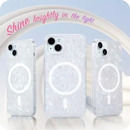 LONLI Hue - iPhone 15 Plus uchun magnitli g'ilof - [Magsafe bilan mos] - [360° zarbani yutuvchi bamper] - [Qizlar va ayollar uchun yoqimli va noyob telefon qopqog'i] - Oq marvarid toshbaqa - 3