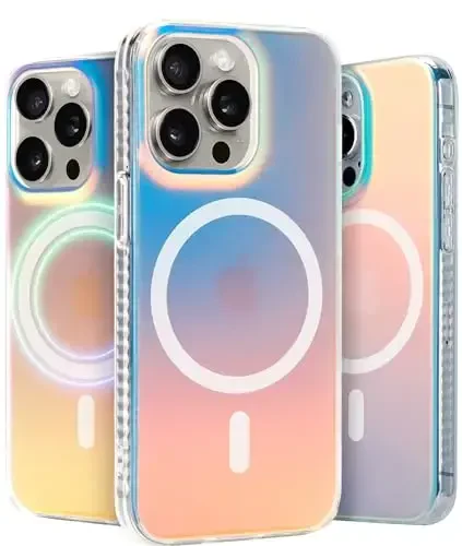 LONLI Hue - Magnetic Case for iPhone 15 Pro - [Compatible with Magsafe] - [360° Shock-Absorbent Bumper] - [Cute and Unique Phone Cover for Girls and Women] - Fluorescent Holographic Iridescent 