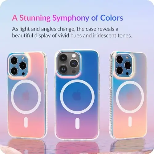 LONLI Hue - Magnetic Case for iPhone 15 Pro - [Compatible with Magsafe] - [360° Shock-Absorbent Bumper] - [Cute and Unique Phone Cover for Girls and Women] - Fluorescent Holographic Iridescent - 3