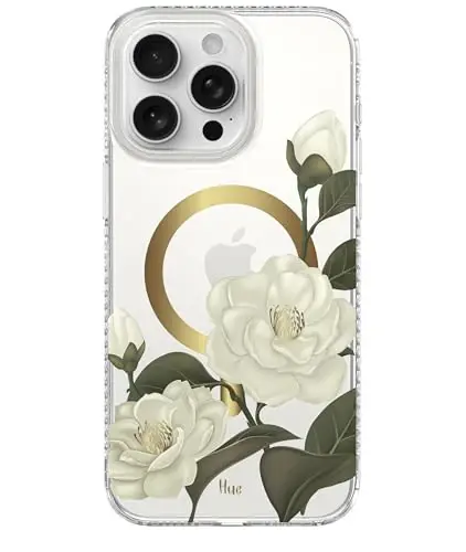 LONLI Hue - for iPhone 15 Pro Case [Compatible with Magsafe] - Camellia Phone Case - [360° Shock-Absorbent Bumper] - Cute, Unique and Aesthetic Phone Cover for Girls and Women - 1