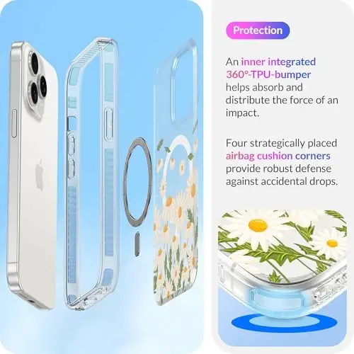 LONLI Hue - for iPhone 15 Pro Case [Compatible with Magsafe] - Daisy Garden Phone Case - [360° Shock-Absorbent Bumper] - Cute, Unique and Aesthetic Phone Cover for Girls and Women - 4