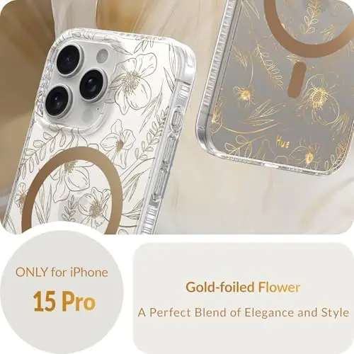 LONLI Hue - for iPhone 15 Pro Case [Compatible with Magsafe] - Gold Floral Phone Case - [360° Shock-Absorbent Bumper] - Cute, Unique and Aesthetic Phone Cover for Girls and Women - 2