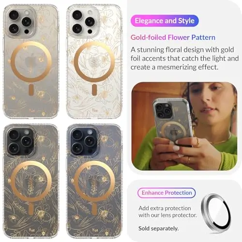 LONLI Hue - for iPhone 15 Pro Max Case [Compatible with Magsafe] - Gold Floral Phone Case - [360° Shock-Absorbent Bumper] - Cute, Unique and Aesthetic Phone Cover for Girls and Women - 3