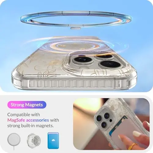 LONLI Hue - for iPhone 15 Pro Max Case [Compatible with Magsafe] - Gold Floral Phone Case - [360° Shock-Absorbent Bumper] - Cute, Unique and Aesthetic Phone Cover for Girls and Women - 4