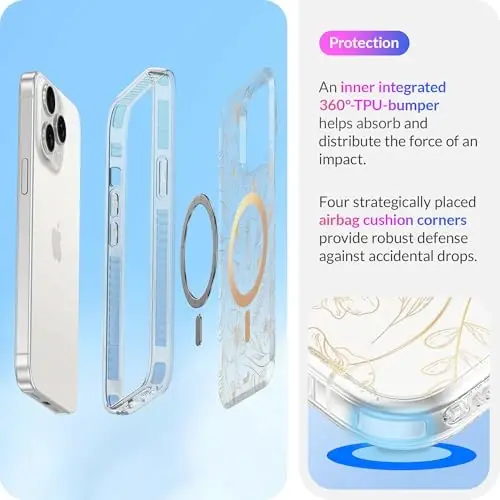 LONLI Hue - for iPhone 15 Pro Max Case [Compatible with Magsafe] - Gold Floral Phone Case - [360° Shock-Absorbent Bumper] - Cute, Unique and Aesthetic Phone Cover for Girls and Women - 5