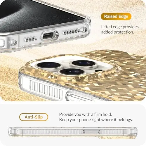 LONLI Hue - iPhone 15 Pro Max uchun Champagne Gold Diamond Facet Sparkling Phone Case - [Sparkle Glow Finish, Luxe Glitter Protection] - [360° Zarba yutuvchi Bumper] - iPhone 15 Pro Max uchun - 5