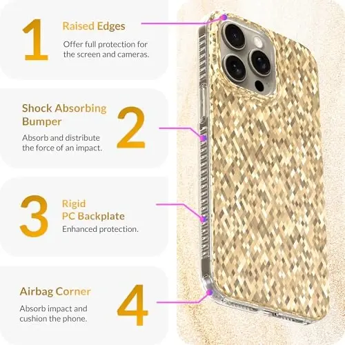 LONLI Hue - iPhone 15 Pro Max uchun Champagne Gold Diamond Facet Sparkling Phone Case - [Sparkle Glow Finish, Luxe Glitter Protection] - [360° Zarba yutuvchi Bumper] - iPhone 15 Pro Max uchun - 6