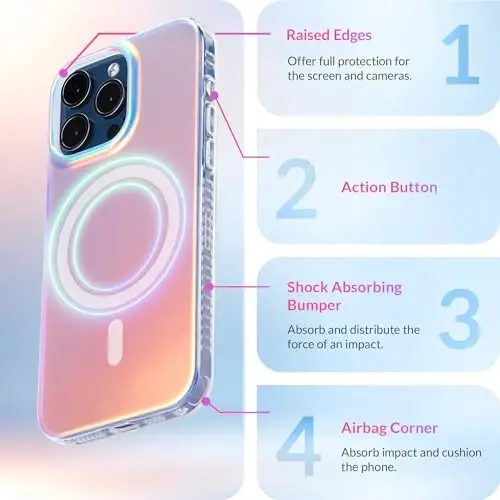 LONLI Hue - iPhone 15 Pro Max uchun g'ilof [Magsafe bilan mos] - Holografik Iridescent - [10FT tushishdan himoya] [4 ta xavfsizlik yostig'i burchaklari] - Chiroyli, noyob va estetik (2023) - 4