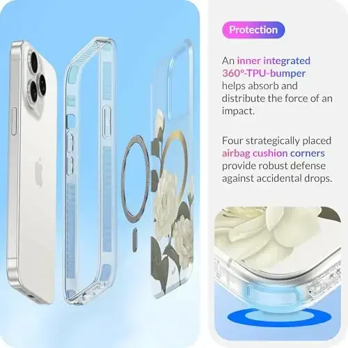 LONLI Hue - iPhone 15 Pro Max uchun g'ilof [Magsafe bilan mos] - Kameliya telefoni g'ilofi - [360° zarbani yutuvchi bamper] - Qizlar va ayollar uchun yoqimli, noyob va estetik telefon qopqog'i - 4