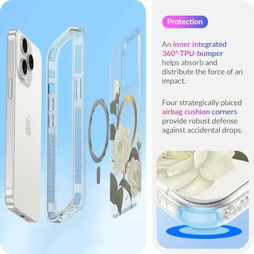 LONLI Hue - iPhone 15 Pro Max uchun g'ilof [Magsafe bilan mos] - Kameliya telefoni g'ilofi - [360° zarbani yutuvchi bamper] - Qizlar va ayollar uchun yoqimli, noyob va estetik telefon qopqog'i - 4