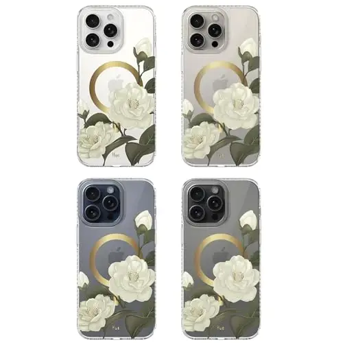 LONLI Hue - iPhone 15 Pro Max uchun g'ilof [Magsafe bilan mos] - Kameliya telefoni g'ilofi - [360° zarbani yutuvchi bamper] - Qizlar va ayollar uchun yoqimli, noyob va estetik telefon qopqog'i - 7