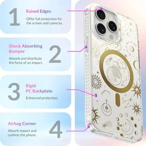 LONLI Hue - iPhone 15 Pro Max uchun g'ilof [Magsafe bilan mos keladi] - Kosmik Yulduzlar telefon g'ilofi - [360° zarbani yutuvchi bamper] - Qizlar va ayollar uchun yoqimli, noyob va estetik telefon qopqog'i - 6