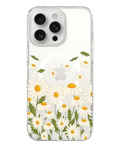LONLI Hue - iPhone 15 Pro Max uchun g'ilof [Magsafe bilan mos keladi] - ромашка bog'i telefon g'ilofi - [360° zarbani yutuvchi bamper] - Qizlar va ayollar uchun yoqimli, noyob va estetik telefon qopqog'i - LONLI