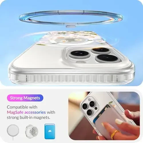 LONLI Hue - iPhone 15 Pro Max uchun g'ilof [Magsafe bilan mos keladi] - ромашка bog'i telefon g'ilofi - [360° zarbani yutuvchi bamper] - Qizlar va ayollar uchun yoqimli, noyob va estetik telefon qopqog'i - 3