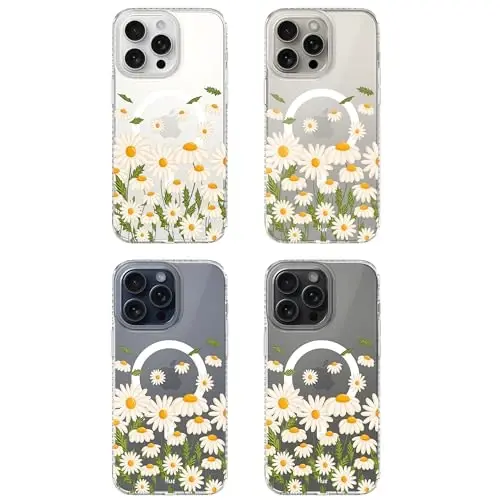 LONLI Hue - iPhone 15 Pro Max uchun g'ilof [Magsafe bilan mos keladi] - ромашка bog'i telefon g'ilofi - [360° zarbani yutuvchi bamper] - Qizlar va ayollar uchun yoqimli, noyob va estetik telefon qopqog'i - 7