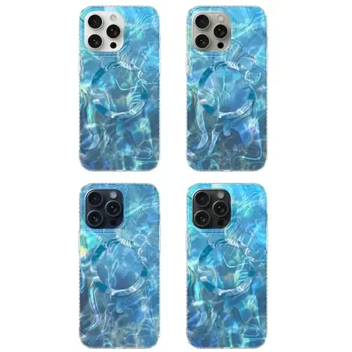 LONLI Hue - iPhone 15 Pro Max uchun g'ilof [Magsafe bilan mos] - Moviy gul telefon g'ilofi - [360° zarbani yutuvchi bamper] - Qizlar va ayollar uchun yoqimli, noyob va estetik telefon qopqog'i - 7