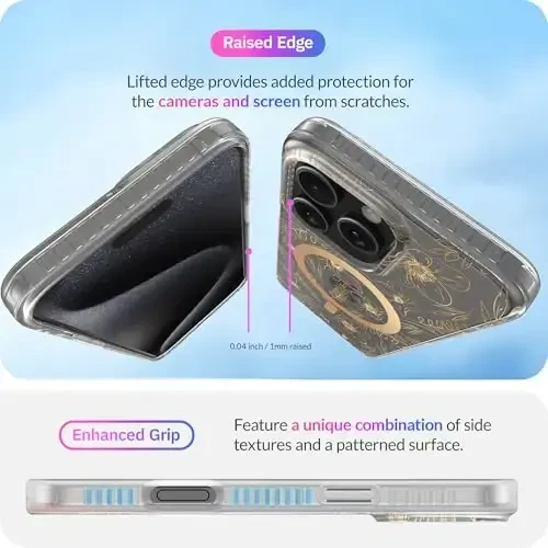 LONLI Hue - iPhone 15 Pro Max uchun g'ilof [Magsafe bilan mos] - Oltin gul naqshli telefon g'ilofi - [360° zarbani yutuvchi bamper] - Qizlar va ayollar uchun yoqimli, noyob va estetik telefon qopqog'i - 6