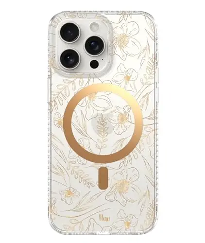 LONLI Hue - iPhone 15 Pro Max uchun g'ilof [Magsafe bilan mos] - Oltin gul naqshli telefon g'ilofi - [360° zarbani yutuvchi bamper] - Qizlar va ayollar uchun yoqimli, noyob va estetik telefon qopqog'i 