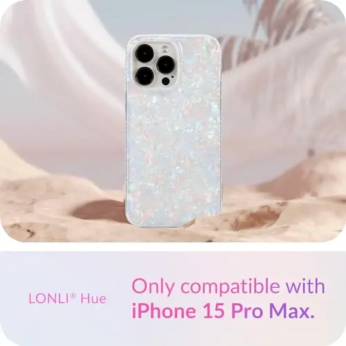 LONLI Hue - iPhone 15 Pro Max uchun g'ilof - Oq marvarid toshbaqa telefon g'ilofi [4 havo yostig'i bilan himoyalangan burchaklar] - Ayollar va qizlar uchun elegant, noyob va estetik zarbaga chidamli qopqoq (2023) - 2