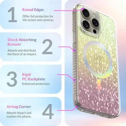 LONLI Hue - iPhone 15 Pro Max uchun prizmatik kamalak olmosli qirrali yaltiroq magnitli telefon g'ilofi - [Magsafe bilan mos] - [Yorqin nashr, hashamatli yaltiroq himoya] - iPhone 15 Pro Max uchun - 6