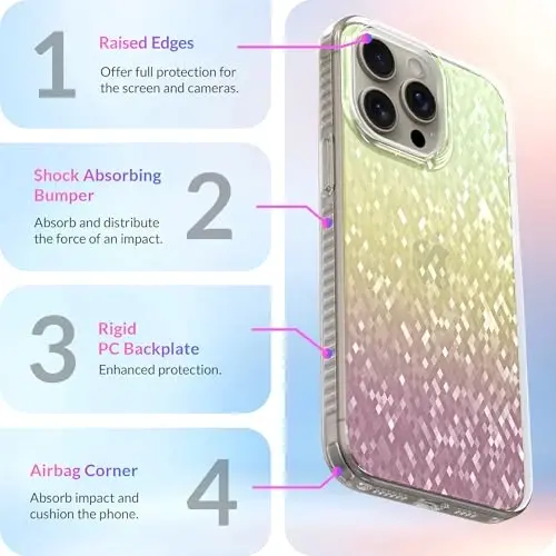 LONLI Hue - iPhone 15 Pro Max uchun prizmatik kamalak olmosli qirrali yorqin telefon g‘ilofi - [Yaltiroq nashr, hashamatli yorqin himoya] - [360° zarbani yutuvchi bamper] - iPhone 15 Pro Max uchun - 6