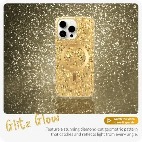LONLI Hue - iPhone 15 Pro uchun Champagne Gold Diamond Facet Sparkling Magnetic Phone Case - [Magsafe bilan mos] - [Sparkle Glow Finish, Luxe Glitter Protection] - iPhone 15 Pro uchun - 2