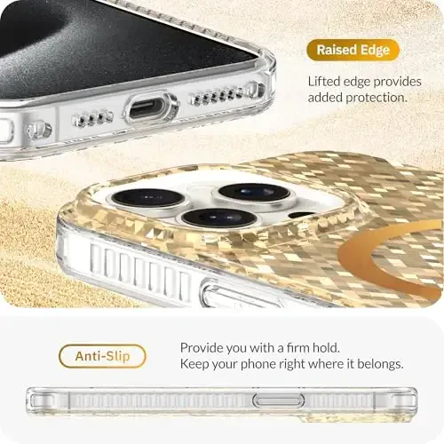 LONLI Hue - iPhone 15 Pro uchun Champagne Gold Diamond Facet Sparkling Magnetic Phone Case - [Magsafe bilan mos] - [Sparkle Glow Finish, Luxe Glitter Protection] - iPhone 15 Pro uchun - 5