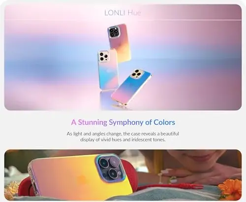 LONLI Hue - iPhone 15 Pro uchun g'ilof - Iridescent [10FT tushishdan himoya] - Rang o'zgartiruvchi effektli zarbga chidamli qopqoq | Ayollar, qizlar va erkaklar uchun yoqimli va noyob (2023) - 2
