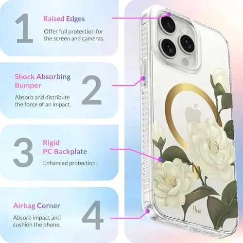 LONLI Hue - iPhone 15 Pro uchun g'ilof [Magsafe bilan mos] - Kamelya telefon g'ilofi - [360° zarbani yutuvchi bamper] - Qizlar va ayollar uchun yoqimli, noyob va estetik telefon qopqog'i - 3