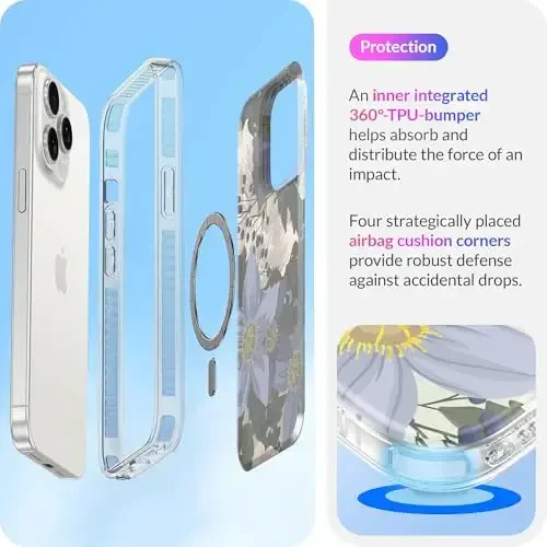 LONLI Hue - iPhone 15 Pro uchun g'ilof [Magsafe bilan mos keladi] - Moviy gul telefon g'ilofi - [360° zarbani yutuvchi bamper] - Qizlar va ayollar uchun yoqimli, noyob va estetik telefon qopqog'i - 4