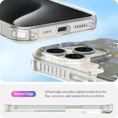 LONLI Hue - iPhone 15 Pro uchun g'ilof [Magsafe bilan mos keladi] - Moviy gul telefon g'ilofi - [360° zarbani yutuvchi bamper] - Qizlar va ayollar uchun yoqimli, noyob va estetik telefon qopqog'i - 5