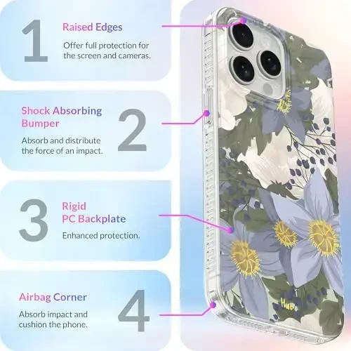 LONLI Hue - iPhone 15 Pro uchun g'ilof [Magsafe bilan mos keladi] - Moviy gul telefon g'ilofi - [360° zarbani yutuvchi bamper] - Qizlar va ayollar uchun yoqimli, noyob va estetik telefon qopqog'i - 6