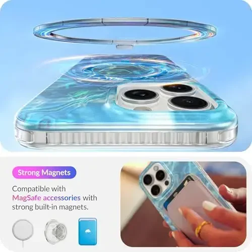 LONLI Hue - iPhone 15 Pro uchun g'ilof [Magsafe bilan mos] - Moviy gulli telefon g'ilofi - [360° zarbani yutuvchi bamper] - Qizlar va ayollar uchun yoqimli, noyob va estetik telefon qopqog'i - 3