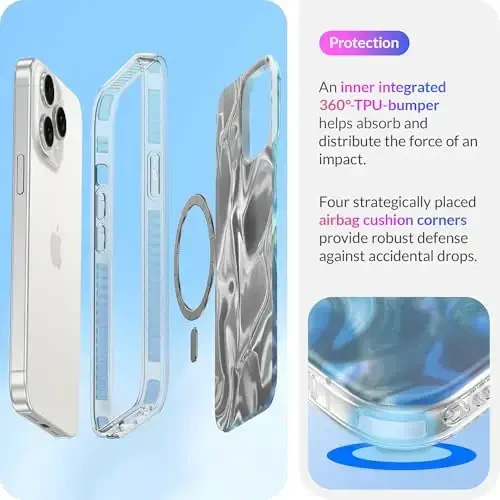 LONLI Hue - iPhone 15 Pro uchun g'ilof [Magsafe bilan mos] - Moviy gulli telefon g'ilofi - [360° zarbani yutuvchi bamper] - Qizlar va ayollar uchun yoqimli, noyob va estetik telefon qopqog'i - 4