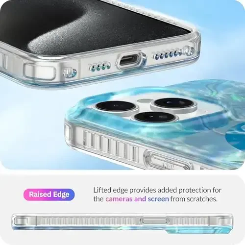 LONLI Hue - iPhone 15 Pro uchun g'ilof [Magsafe bilan mos] - Moviy gulli telefon g'ilofi - [360° zarbani yutuvchi bamper] - Qizlar va ayollar uchun yoqimli, noyob va estetik telefon qopqog'i - 5