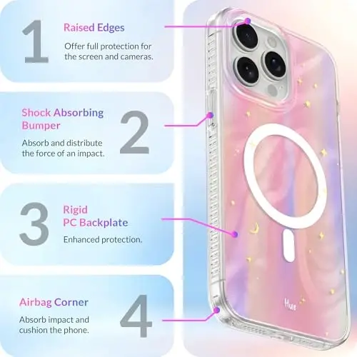 LONLI Hue - iPhone 15 Pro uchun g'ilof [Magsafe bilan mos] - Tushdagi tun telefon g'ilofi - [360° zarbani yutuvchi bamper] - Qizlar va ayollar uchun yoqimli, noyob va estetik telefon qopqog'i - 6