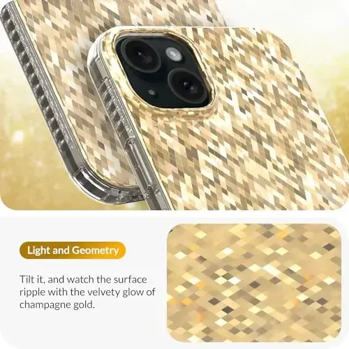 LONLI Hue - iPhone 15 uchun Champagne Gold Diamond Facet Sparkling Phone Case - [Sparkle Glow Finish, Luxe Glitter Protection] - [360° zarbani yutuvchi bamper] - iPhone 15 uchun - 3