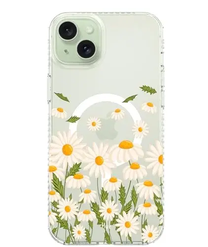 LONLI Hue - iPhone 15 uchun g'ilof [Magsafe bilan mos] - Daisy Garden telefon g'ilofi - [360° zarbani yutuvchi bamper] - Qizlar va ayollar uchun yoqimli, noyob va estetik telefon qopqog'i 