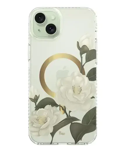 LONLI Hue - iPhone 15 uchun g'ilof [Magsafe bilan mos] - Kameliya g'ilofi - [360° zarbani yutuvchi bamper] - Qizlar va ayollar uchun chiroyli, noyob va estetik telefon qopqog'i 