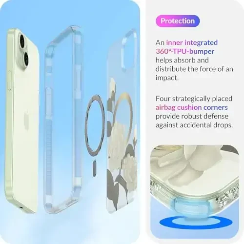 LONLI Hue - iPhone 15 uchun g'ilof [Magsafe bilan mos] - Kameliya g'ilofi - [360° zarbani yutuvchi bamper] - Qizlar va ayollar uchun chiroyli, noyob va estetik telefon qopqog'i - 4
