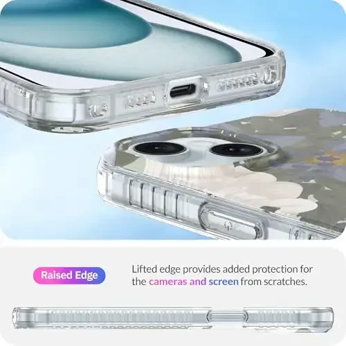 LONLI Hue - iPhone 15 uchun g'ilof [Magsafe bilan mos] - Moviy gul telefon g'ilofi - [360° zarbani yutuvchi bamper] - Qizlar va ayollar uchun yoqimli, noyob va estetik telefon qopqog'i - 5