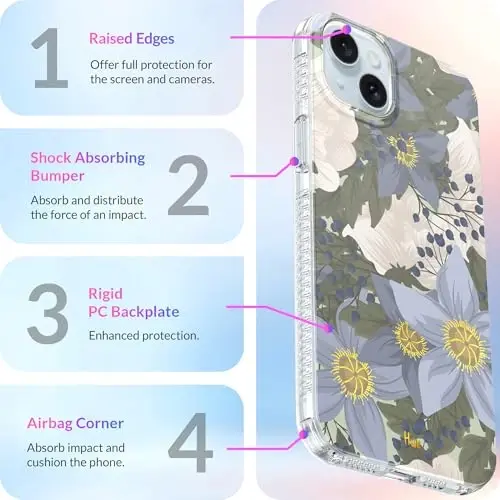 LONLI Hue - iPhone 15 uchun g'ilof [Magsafe bilan mos] - Moviy gul telefon g'ilofi - [360° zarbani yutuvchi bamper] - Qizlar va ayollar uchun yoqimli, noyob va estetik telefon qopqog'i - 3
