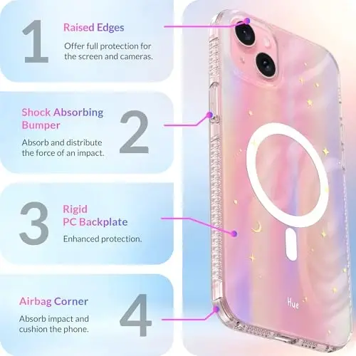 LONLI Hue - iPhone 15 uchun g'ilof [Magsafe bilan mos] - Tushdagi tun telefon g'ilofi - [360° zarbani yutuvchi bamper] - Qizlar va ayollar uchun yoqimli, noyob va estetik telefon qopqog'i - 6