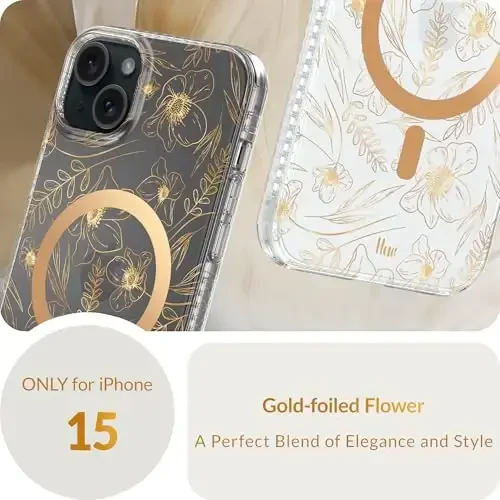 LONLI Hue - iPhone 15 uchun magnitli g'ilof - [Magsafe bilan mos] - [360° zarbani yutuvchi bamper] - [Qizlar va ayollar uchun yoqimli va noyob telefon qopqog'i] - Oltin gul naqshli - 2