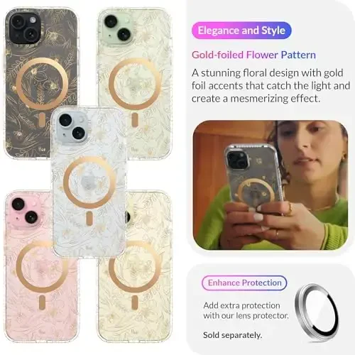 LONLI Hue - iPhone 15 uchun magnitli g'ilof - [Magsafe bilan mos] - [360° zarbani yutuvchi bamper] - [Qizlar va ayollar uchun yoqimli va noyob telefon qopqog'i] - Oltin gul naqshli - 3
