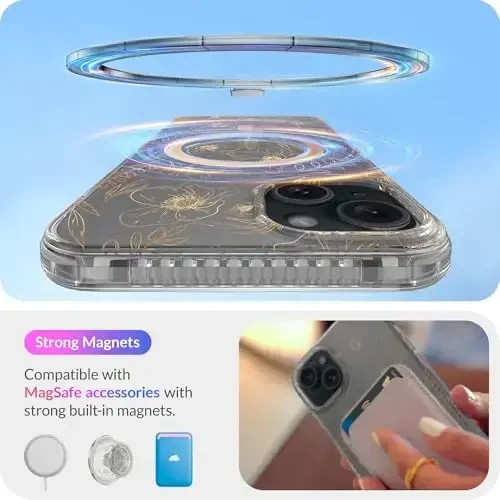 LONLI Hue - iPhone 15 uchun magnitli g'ilof - [Magsafe bilan mos] - [360° zarbani yutuvchi bamper] - [Qizlar va ayollar uchun yoqimli va noyob telefon qopqog'i] - Oltin gul naqshli - 4